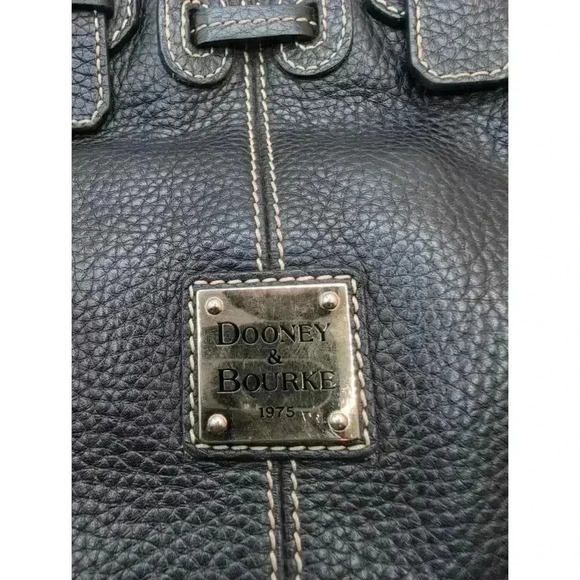 Dooney And Bourke Black Leather Handbag Gold Hardware Double Handle White Stitch - Picture 2 of 7